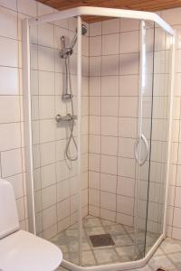 a shower with a glass door in a bathroom at Authentic central located cabin close to Reinebringen Lofoten in Reine