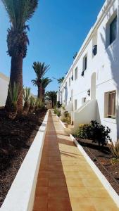 a walkway in front of a building with palm trees at CorralejoDunas piscinas wifi tenis bicicletas, by Momi Fuerteventura in Corralejo