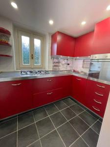 een rode keuken met rode kasten en een wastafel bij Loft con tutti i comfort! in Fino Mornasco