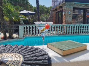 ein Getränk und ein Buch auf einem Tisch neben einem Pool in der Unterkunft Casa Oasa in Marezige