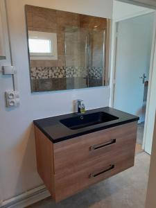 ein Bad mit einem schwarzen Waschbecken und einem Spiegel in der Unterkunft Maison de vacances Bréhal in Bréhal