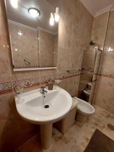 a bathroom with a sink and a toilet and a mirror at Casa Castillo Penthouse with balcony and solarium near La Zenia boulevard in Orihuela