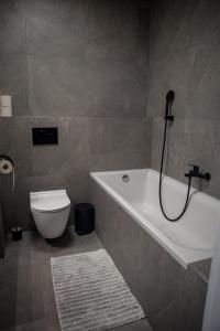 a bathroom with a bath tub and a toilet at Aparthotel Green Resort in Hrubá Borša