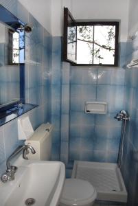 a blue tiled bathroom with a toilet and a sink at 'Αγριοι Λιμένες in Iria
