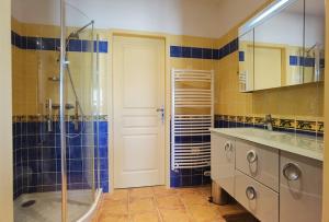 uma casa de banho com um chuveiro, um lavatório e uma banheira em Le Clos des Consuls em Tarascon
