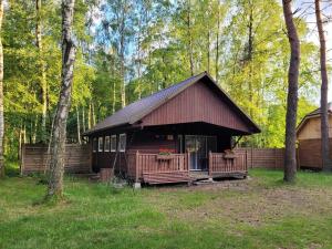 eine Hütte im Wald mit Blumen auf der Veranda in der Unterkunft Domki Zacisze, Okoniny in Śliwice