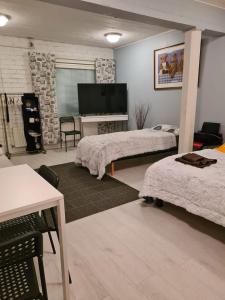 Sala de estar con 2 camas y TV en Hostelli Karvia en Karvia
