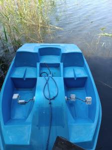 a blue boat in the water with a rope in it at Między Lasem a Wodą in Nowe Worowo