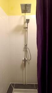een douchecabine in een badkamer met een paars gordijn bij h2oholidays - auberge de jeunesse - youth hostel in Capbreton