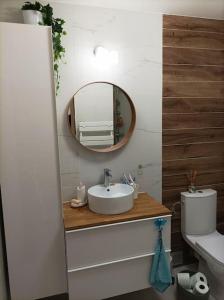 uma casa de banho com um lavatório e um espelho em Villa avec piscine privée proche Bandol/Beausset em Le Beausset