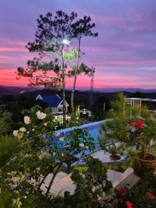 Love Hill Resort في دالات: اطلالة على المسبح وقت الغروب