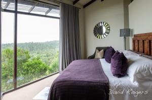 a bedroom with a bed and a large window at Tsala Treetop Lodge in Plettenberg Bay