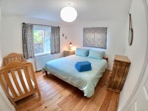 een slaapkamer met een bed met een blauw kussen erop bij Modern Beach House overlooking the Sea in Bigbury