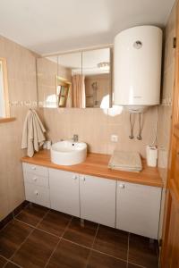 a bathroom with a sink and a mirror at Namelis ant kranto - Alaušo Salos in Sudeikiai