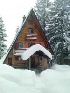 una casa cubierta de nieve con árboles en el fondo en Oaza mira Vlasic en Vlasic