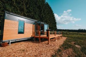 a tiny house sitting on top of a field at Tiny House Rákosníček in Malšín