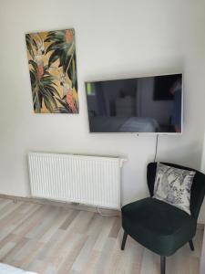 ein Wohnzimmer mit einem Stuhl und einem Flachbild-TV in der Unterkunft La Maison des Roses in Francorchamps