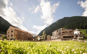 a building in a field next to a mountain at Hotel Jaufentalerhof in Racines