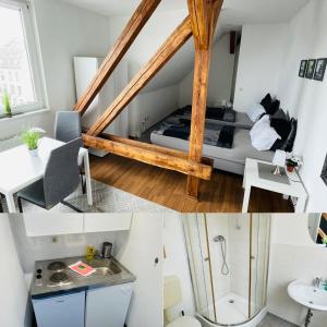 a small apartment with a bed and a bathroom at City Apartments Erfurt in Erfurt