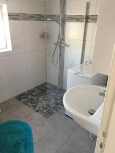 ein Bad mit einer Dusche, einem WC und einem Waschbecken in der Unterkunft Haus Ahkamp in Hemmoor