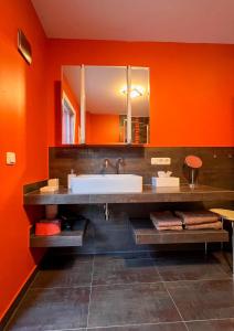 La salle de bains est pourvue de murs orange et d'un lavabo blanc. dans l'établissement Ferienhaus Conradshöh, à Ilmenau