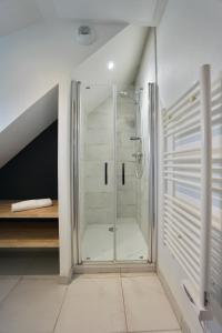 ein Bad mit einer Dusche und einer Glastür in der Unterkunft Le Clos de l'Anse *front de mer* in Ploemeur