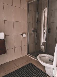 a bathroom with a shower and a toilet and a sink at New Pera Hotel in Istanbul