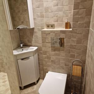 La petite salle de bains est pourvue de toilettes et d'un lavabo. dans l'établissement Kernavės centras, à Kernavė