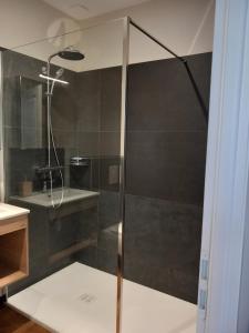 La salle de bains est pourvue d'une douche avec une porte en verre. dans l'établissement CHAMBRE D HOTES AU COEUR DE MEURSAULT, à Meursault