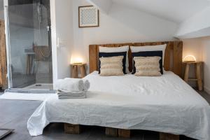 a bedroom with a bed and a glass shower at Mas Lafleur in Châteaurenard