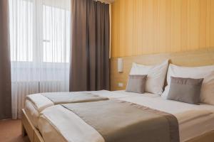 ブルノにあるホテル ビスタの大きなベッドと窓が備わるホテルルームです。