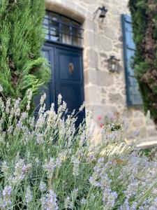 eine blaue Tür vor einem Haus mit lila Blumen in der Unterkunft Coeur de Calignac in Calignac
