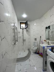 La salle de bains blanche est pourvue de toilettes et d'un lavabo. dans l'établissement Lilus Apartament Shekvetili, à Shekvetili