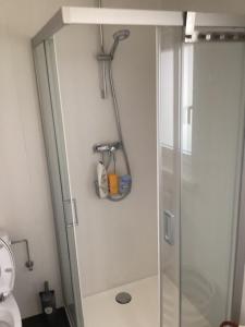 een douche met een glazen deur in de badkamer bij The best known village of Belgium in Puurs