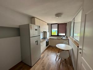 uma cozinha com um frigorífico, uma mesa e cadeiras em Luna's house em Sibiu