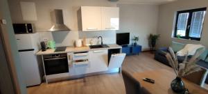 una piccola cucina e un soggiorno con piano cottura e forno di Spacious modern apartment a Biograd na Moru