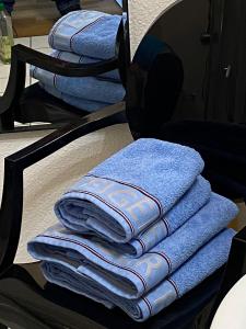 a pile of blue towels sitting on a shelf at Helpens Hof in Salzhausen