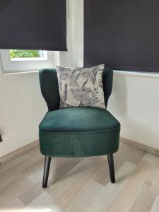 einen grünen Stuhl mit Kissen im Zimmer in der Unterkunft La Maison des Roses in Francorchamps