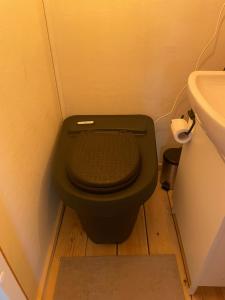 a bathroom with a green toilet and a sink at Mokki kesämökki in Jyväskylä +20 photos