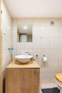 ein Bad mit einem Waschbecken, einem Spiegel und einem WC in der Unterkunft Cosy Studio close to the City Center in Budapest