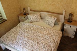ein Schlafzimmer mit einem Bett mit zwei Nachttischen und zwei Jahrgängen in der Unterkunft Hrad Vildstejn in Skalná