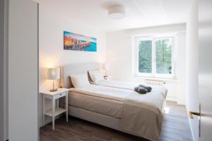 a white bedroom with a bed and a window at Moderne & helle Wohnung mit Netflix & Bergsicht in Wetzikon