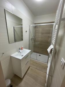 a white bathroom with a shower and a sink at Apartmány Šumavánek in Zdíkov