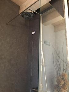 eine Dusche mit Glastür im Bad in der Unterkunft The House on the lake shore in Dervio