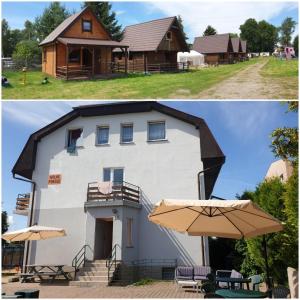 two pictures of a house with an umbrella at Idylla in Chłopy