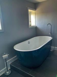 a blue and white bath tub in a bathroom at Bryn Mair cottage overlooking Snowdon in Caernarfon