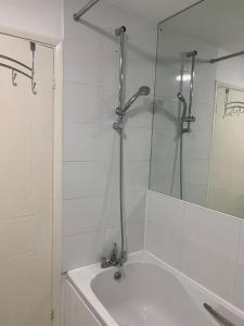 een badkamer met een douche, een wastafel en een spiegel bij Charming 2-Bed House in London in Londen