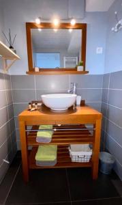 y baño con lavabo y espejo. en Les gîtes du Canal du midi - Gîte Bois & Cailloux, en Montgaillard-Lauragais
