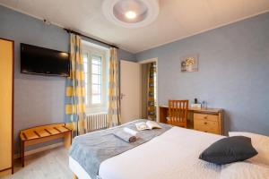 ein Schlafzimmer mit einem Bett und einem TV an der Wand in der Unterkunft Logis Hôtel La crémaillère in Hagetmau
