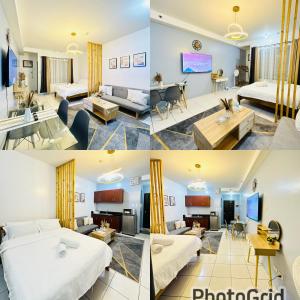 a collage of three pictures of a hotel room at Malate Bayview Mansion Seaview and City View in Manila